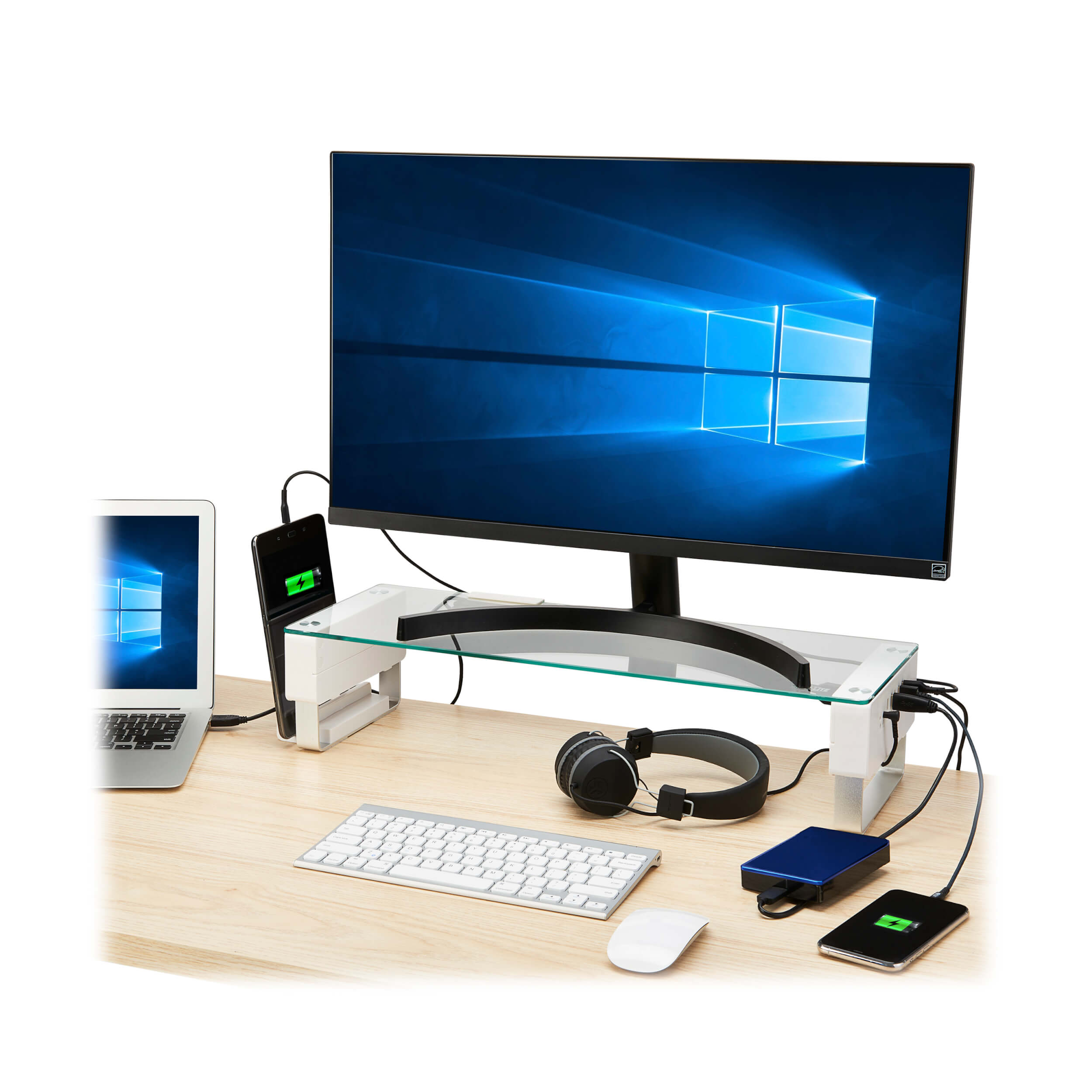 Desk Monitor Riser, Glass Surface, USB, Audio Ports Eaton