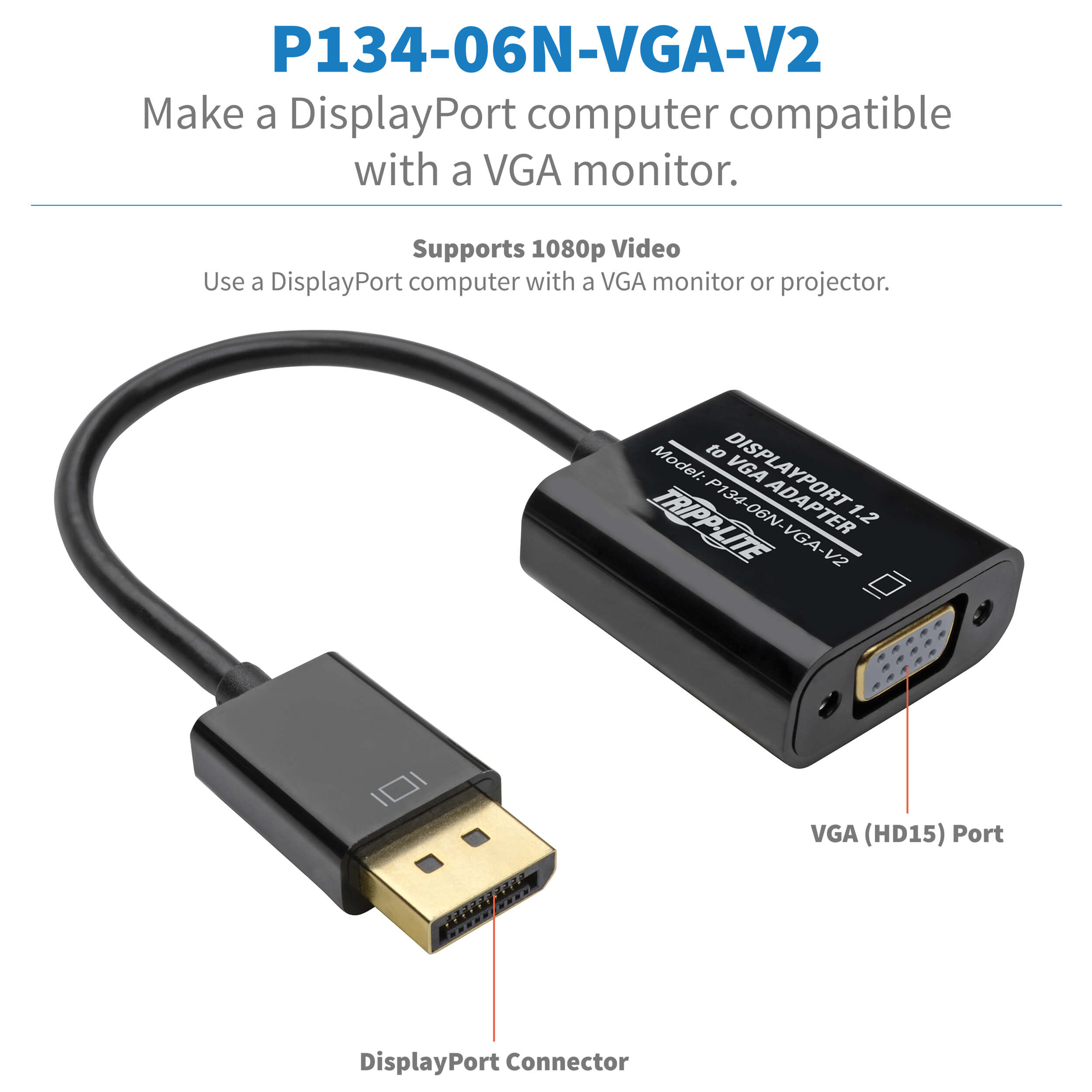 DisplayPort to VGA Adapter, DP 1.2, Male to Female, 6-in. | Eaton