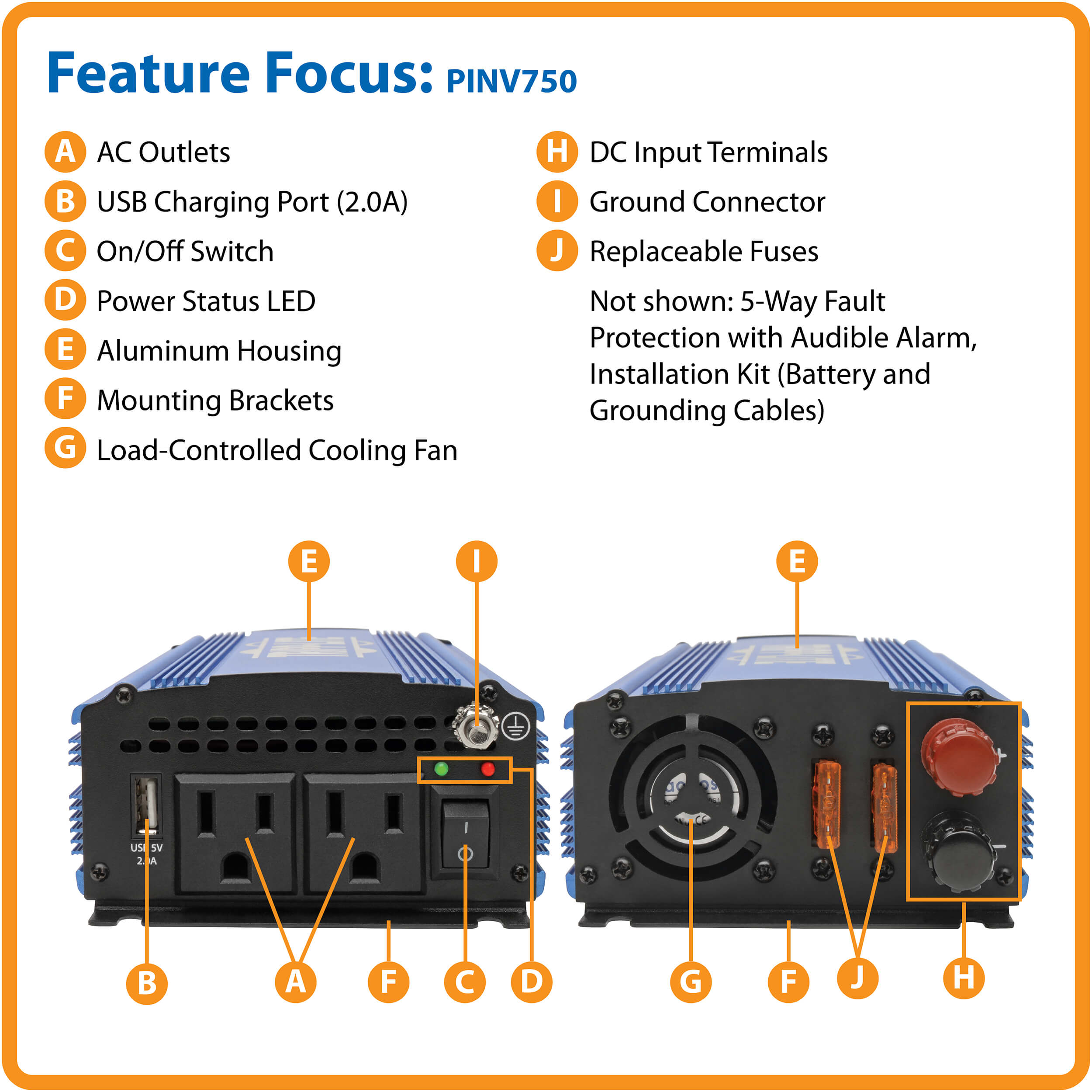 750W LightDuty Compact Power Inverter, 2AC/1 USB Eaton