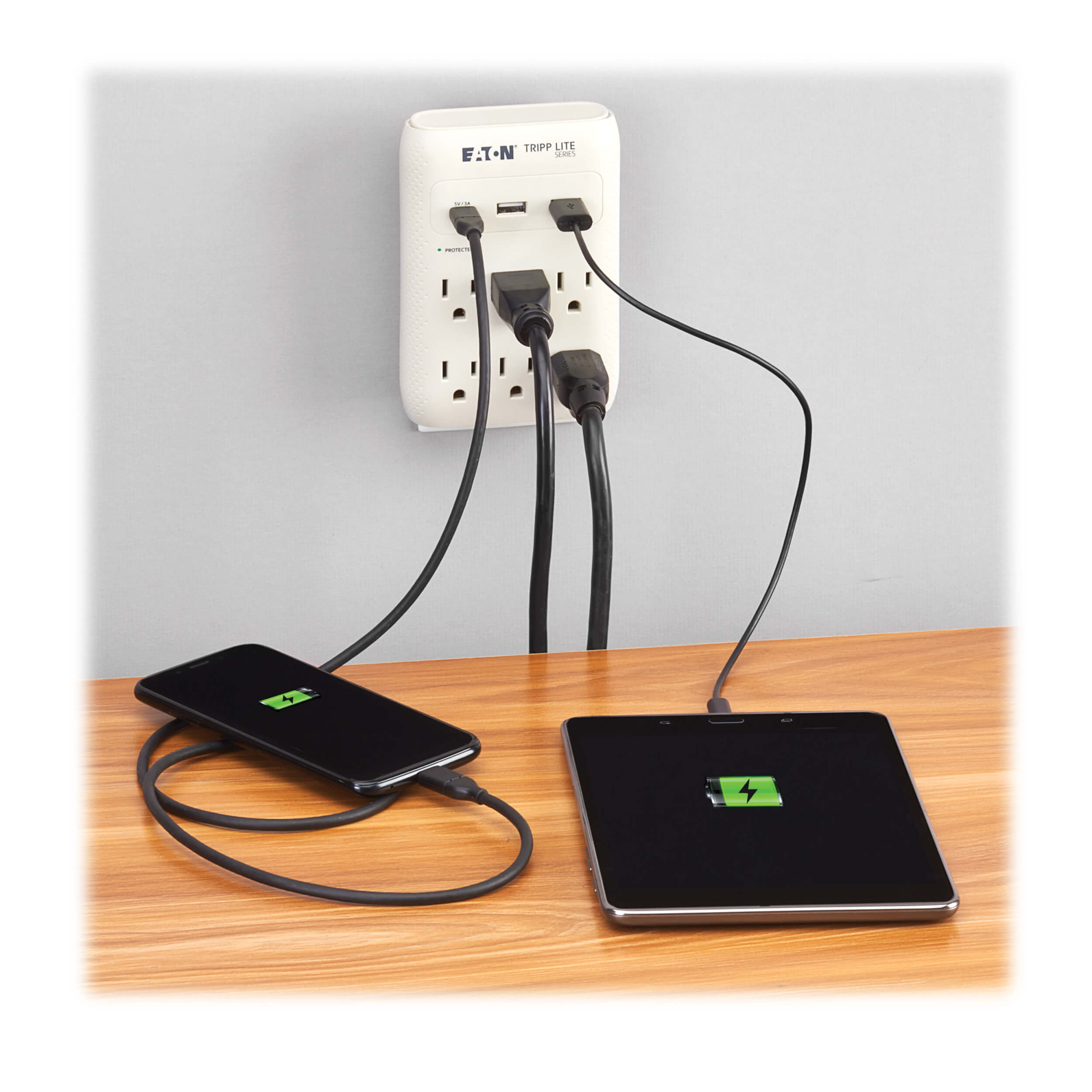 Surge Protector, 6 Outlet, Direct Plug-in, USB, LED, Gray | Eaton