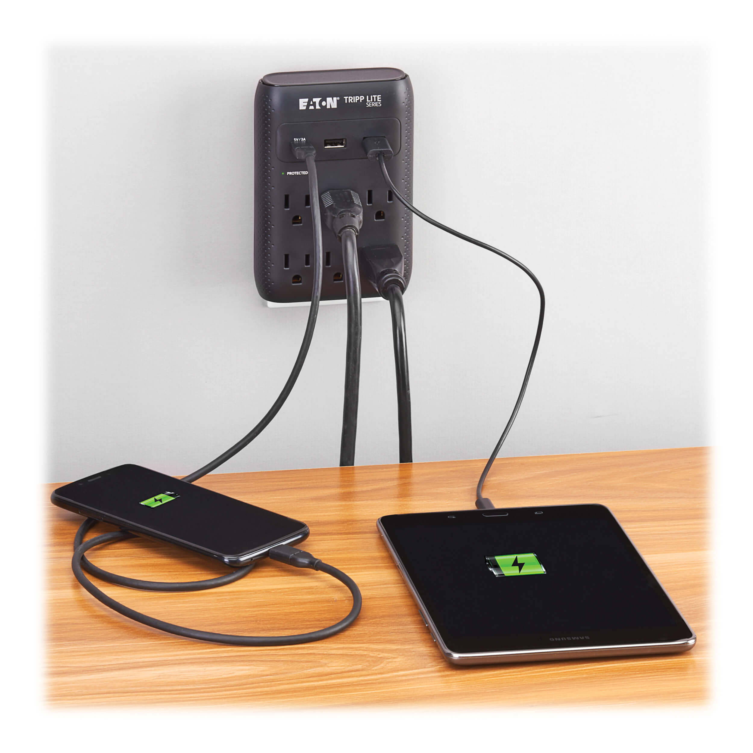 Surge Protector, 6 Outlet, Direct Plug-in, USB, LED, Black | Eaton