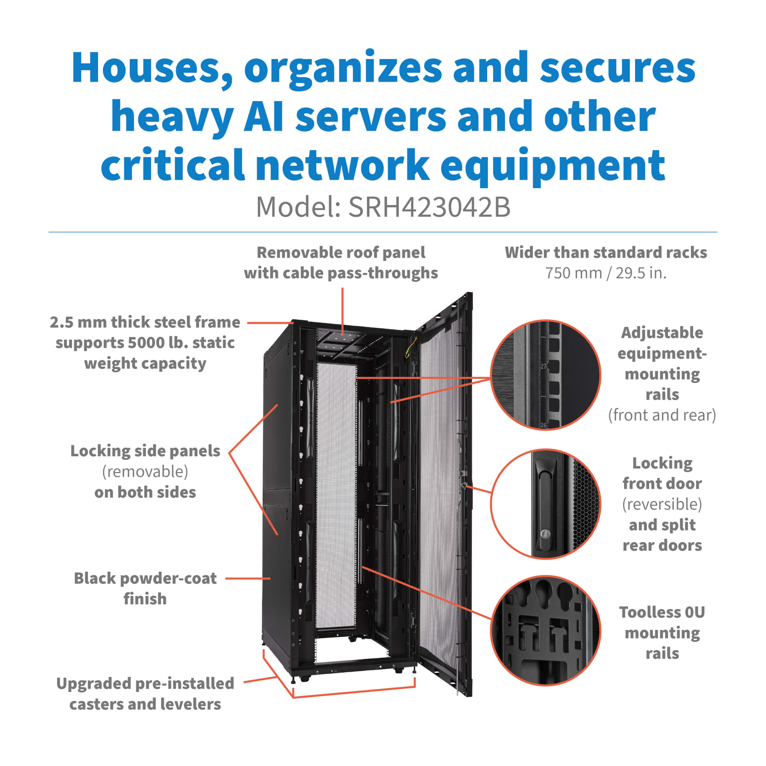 Vertical Enclosed Server Rack 42U Heavy-Duty Wide AI Server Rack Enclosure, Black | Eaton