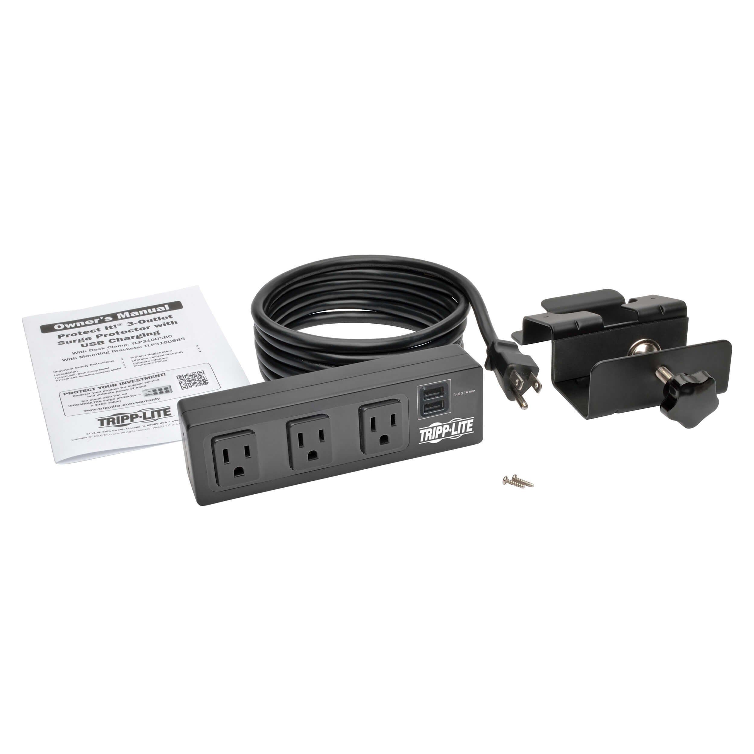 Surge Protector, Desk Clamp, 3 Outlet, 510 Joules, 2 USB Ports Eaton