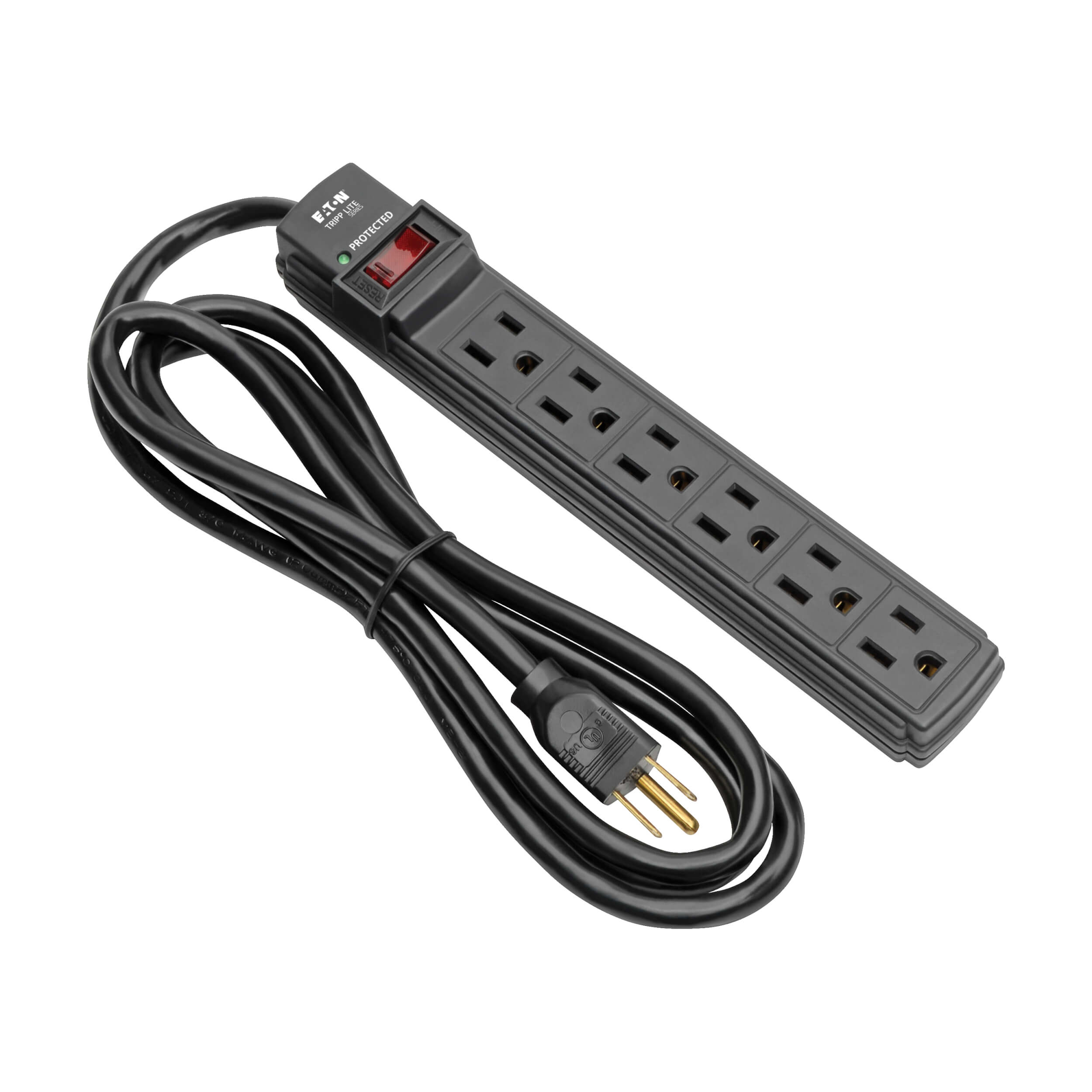 Surge Protector, 6 Outlet, 360 Joules, 6ft Cord, LED, Black housing