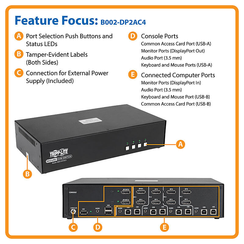 Secure NIAP KVM Switch, DP-to-DP, 4-Port, 4K, Audio | Tripp Lite