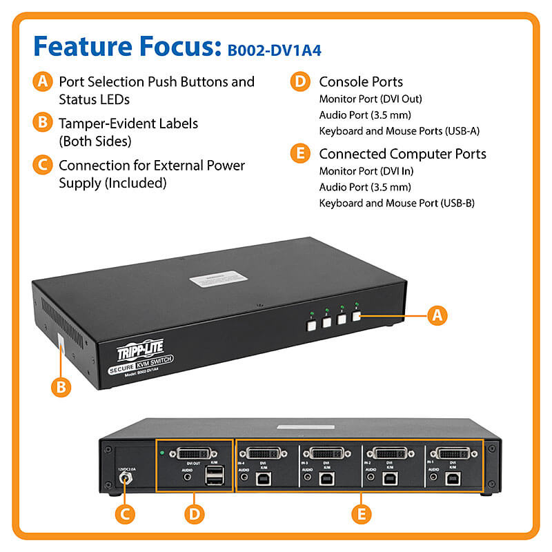 Secure NIAP KVM Switch, DVI, 4-Port, NIAP Certified, Audio | Tripp 
