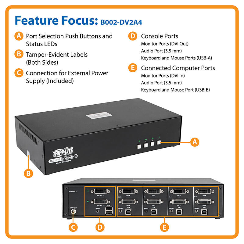 Secure NIAP KVM Switch, Dual Monitor, DVI, 4-Port, Audio | Tripp Lite