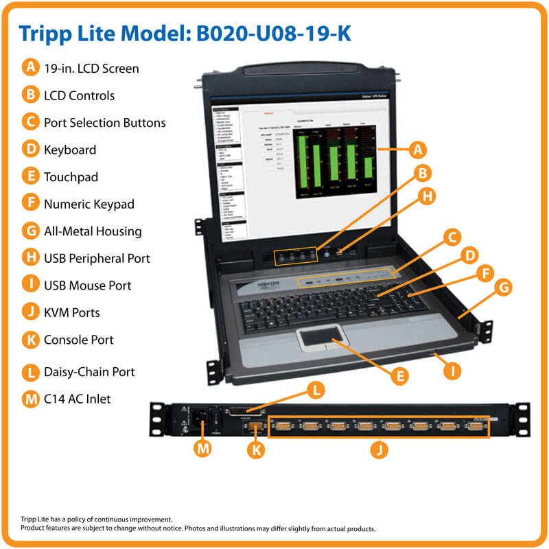 8-Port Console KVM Switch, LCD, 8 PS2/USB Cables, 1U | Eaton