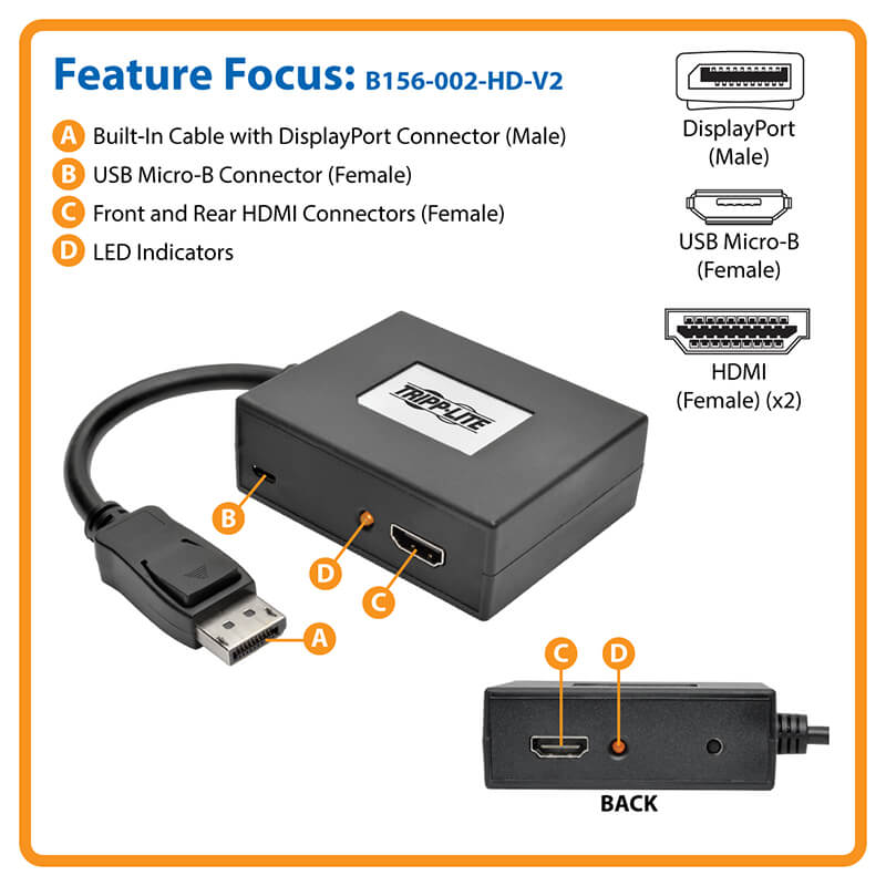 2-Port DisplayPort to HDMI Splitter, MST Hub, 4K 60Hz UHD | Tripp Lite