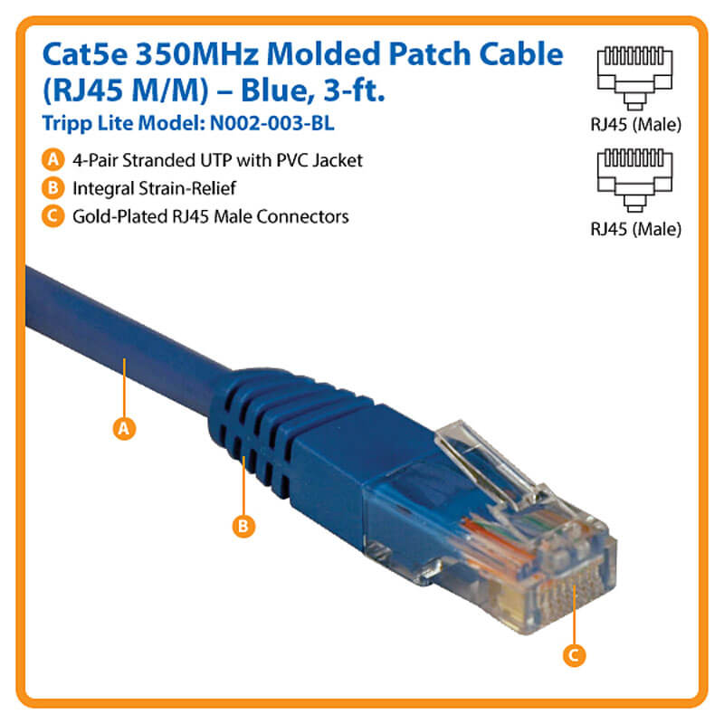 Tripp Lite Cat5e 350MHz Snagless Molded Patch Cable 3-ft. RJ45 M/M N001-003-BL - Blue 