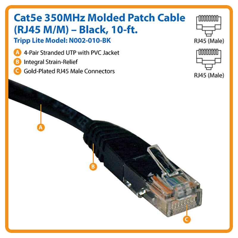 5 foot 10 Pack Snagless/Molded Boot Cat5e Black Ethernet Patch Cable 