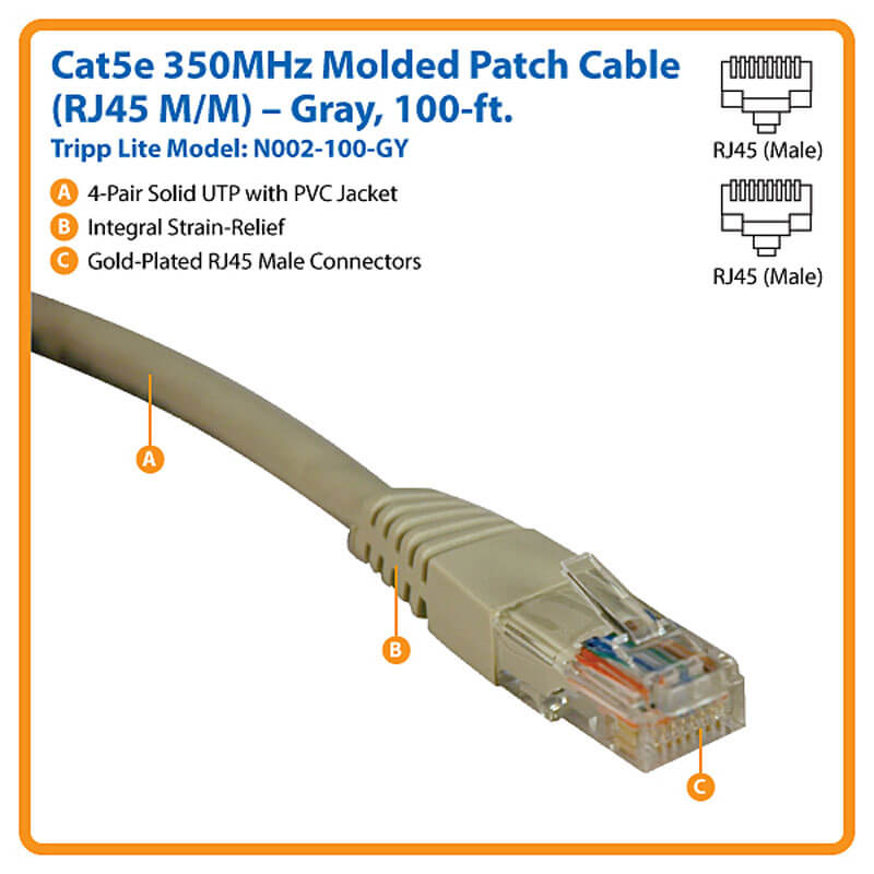 Tripp Lite N002-100-GY Cat5e 350MHz Molded Patch Cable - 100ft Gray RJ45 M/M 