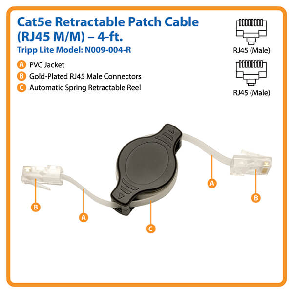 Cat5e Retractable Ethernet Cable, Black, 4-ft