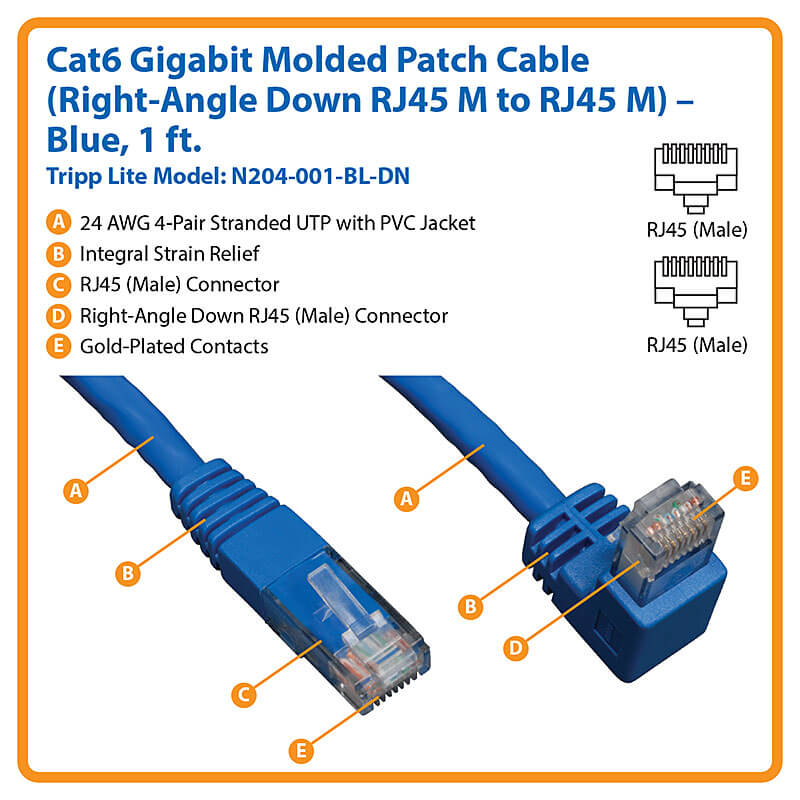 Cat6 Gigabit Ethernet Cable - Down-Angle RJ45 M/M, Molded UTP, 1 