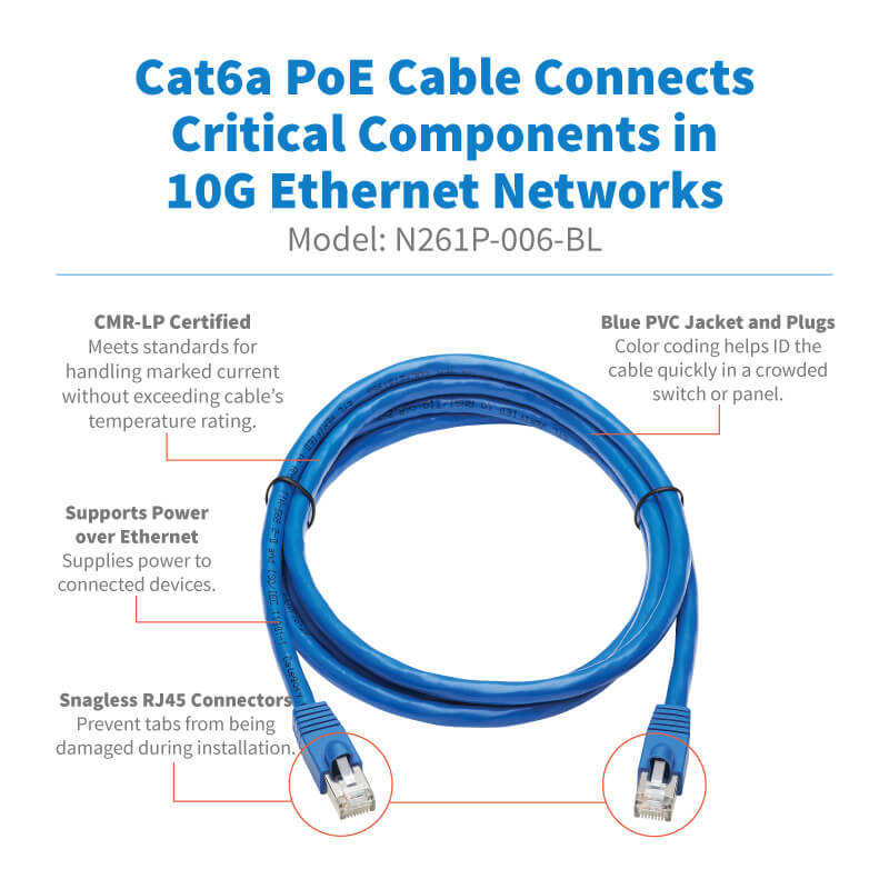 9 Ft Cat6A 10G High Performance Snagless UTP Ethernet Patch Cable Blue 23Awg Made in USA 50u Gold Plating - UL CSA CMR and 100% Copper 