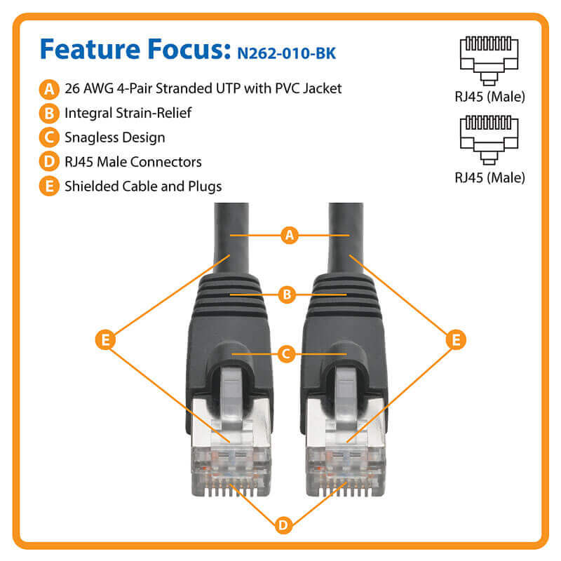 Cat6a Snagless Shielded STP Ethernet Cable, Black, 10-ft. | Tripp Lite