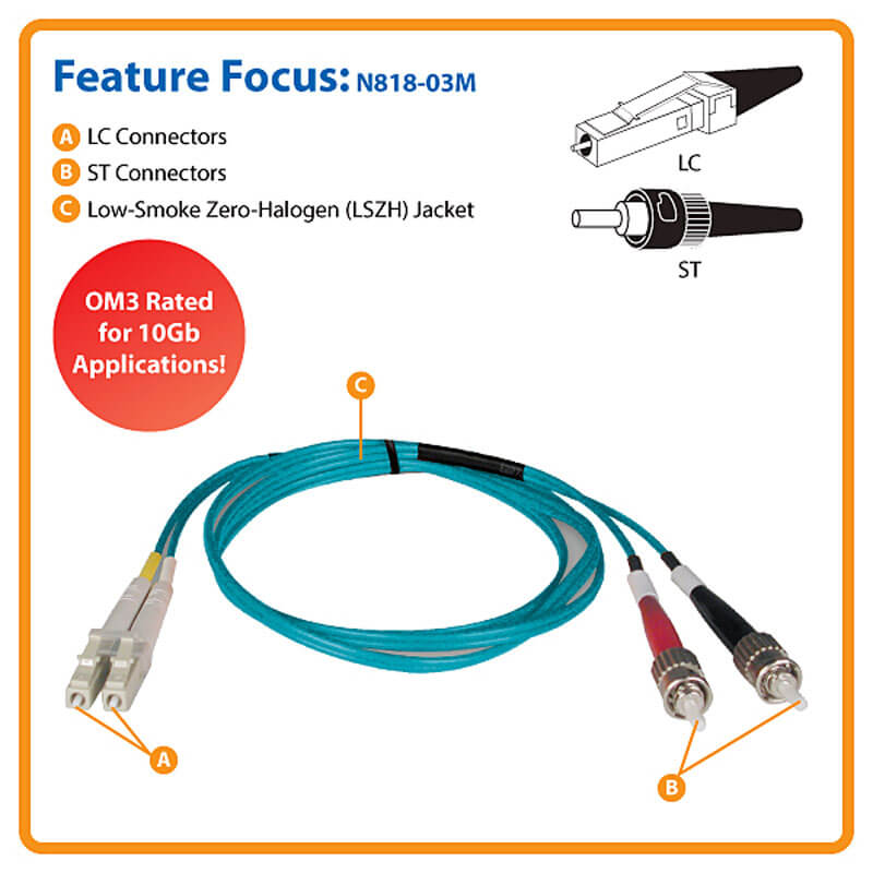 10Gb Duplex Multimode OM3 Fiber Patch Cable, LC/ST, Aqua, 3M 