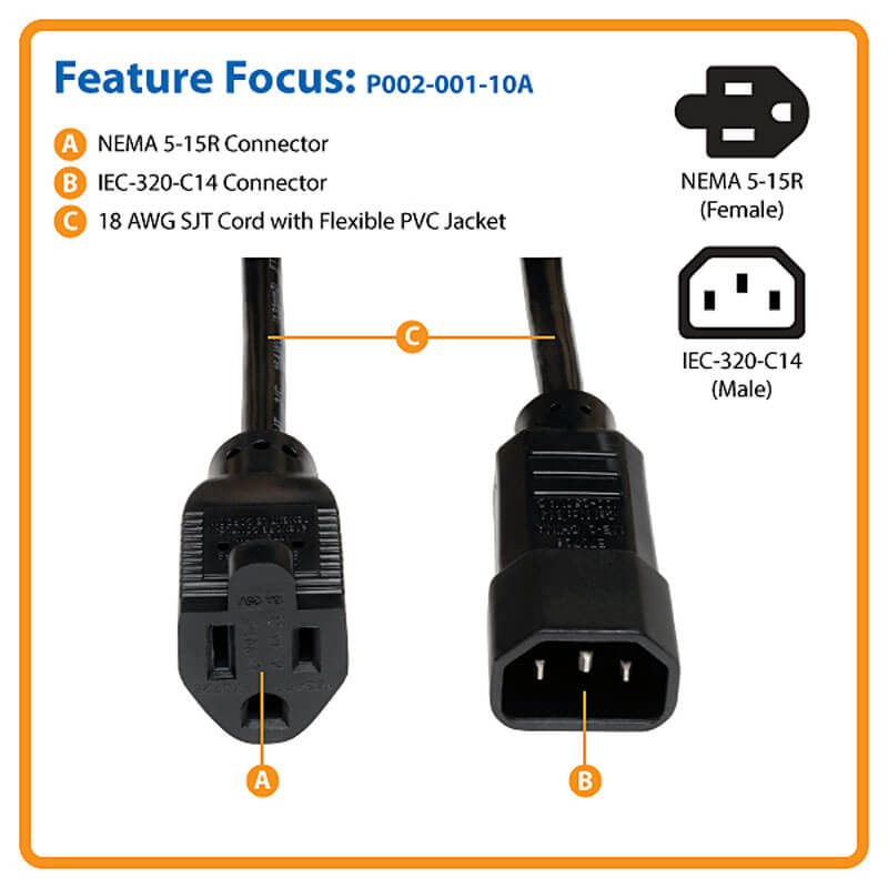 Lot3pk/pcs 1ft 3prong AC Outlet NEMA5-15R~C14 PC Power Adapter Cable/Cord/Wire
