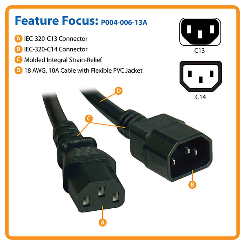 6Ft Power Extension Cord C13 to C14 Black/SJT 16/3 GOWOS 20 Pack 