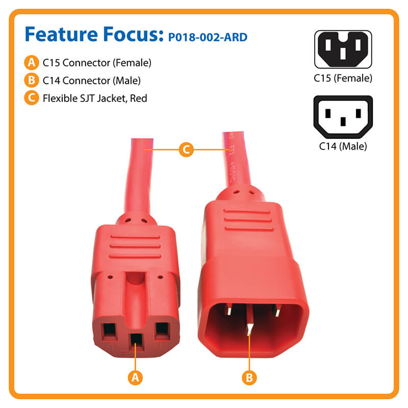 thumbnail image 2 of KABLENATION Color C14 To C15 Power Extension Cable – 14AWG, 2-10FT – Red, Blue, Green – Server/Network 2 of 5