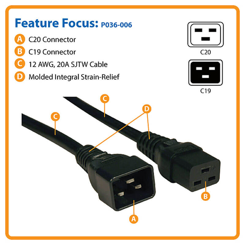 GOWOS 6Ft Power Cord C19 to C20 Black/SJT 14/3 4 Pack 