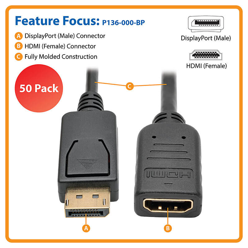 DisplayPort to HDMI Converter Adapter, 6 in., 50 Pk | Tripp Lite