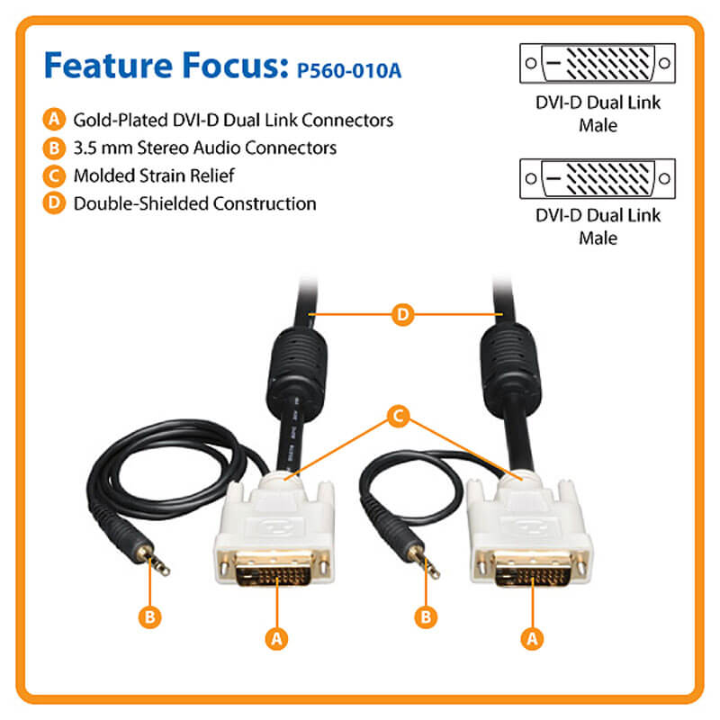 DVI Dual Link Cable Audio Digital TMDS Monitor Cable DVI D 3.5mm 