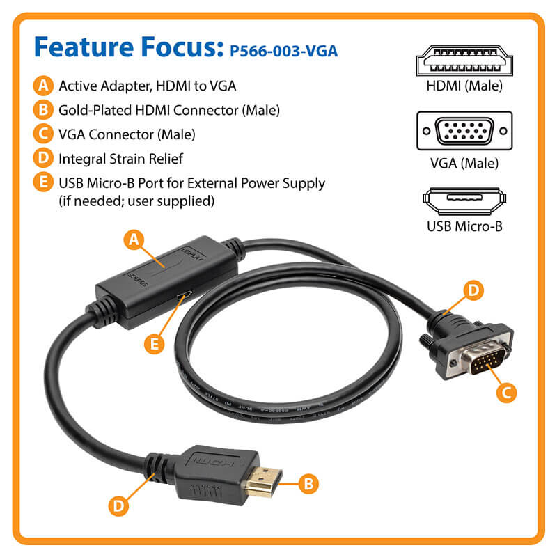 HDMI to VGA Cable 3ft DteeDck HDMI-to-VGA Male to Male Active Cord Connect Laptop Desktop to Monitor Projector HDTV 