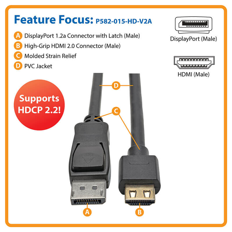 DisplayPort 1.2 to HDMI Active Adapter Cable 4K 60Hz, 15-ft 