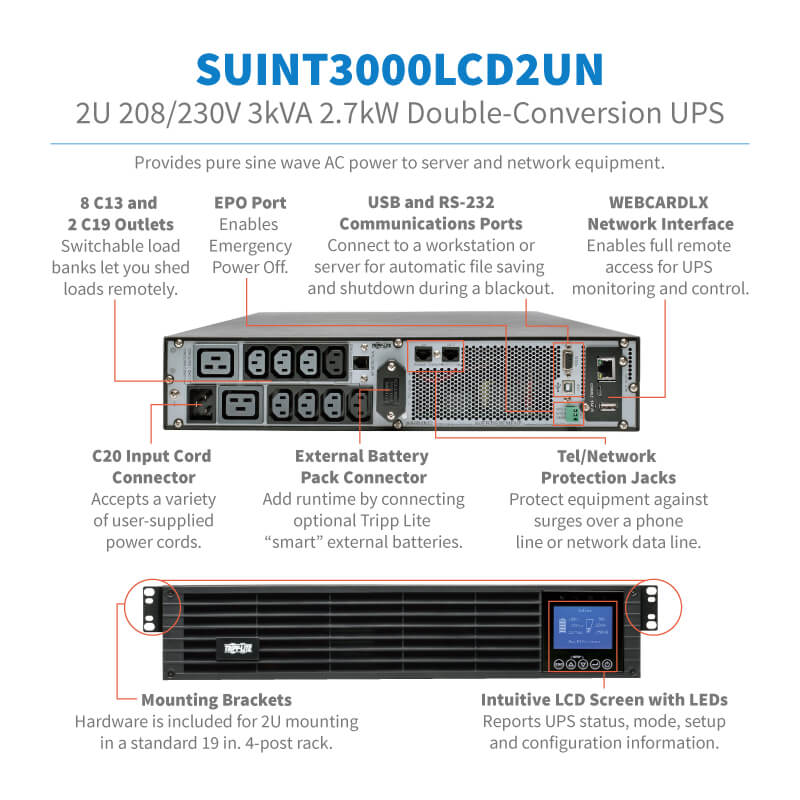 On-Line Double-Conversion UPS - 208/230V, 3000VA 2700W, 10 Outlets 