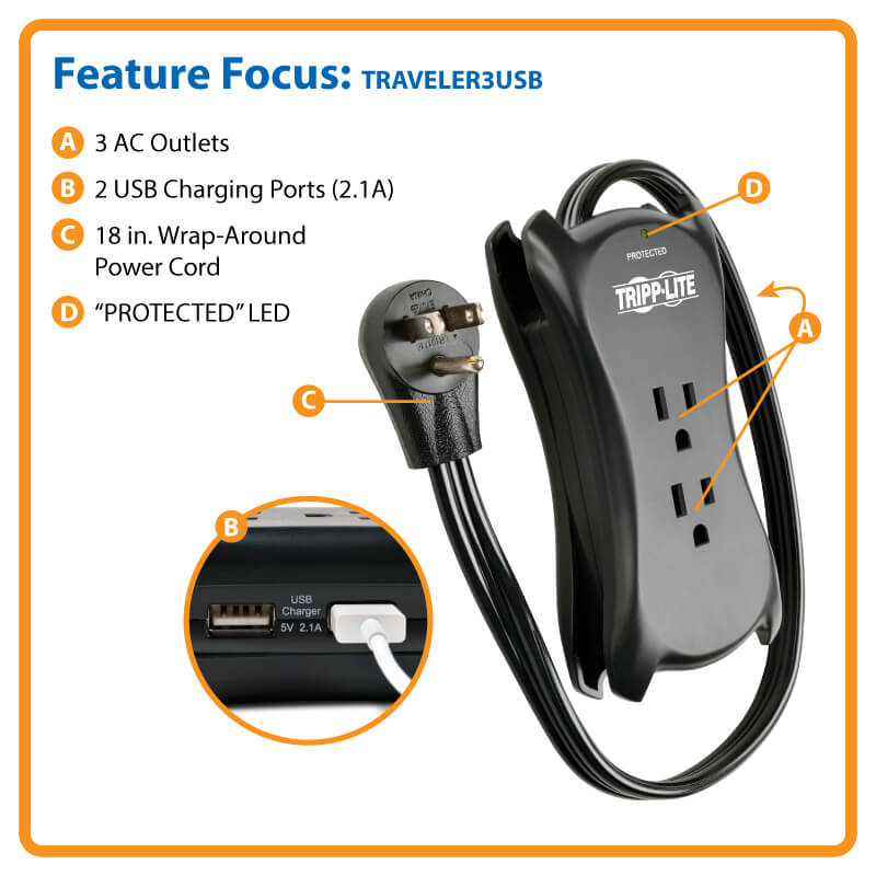Surge Tech Universe 3-Outlet Protector Plus 2 USB Charging Ports 1050 Joules
