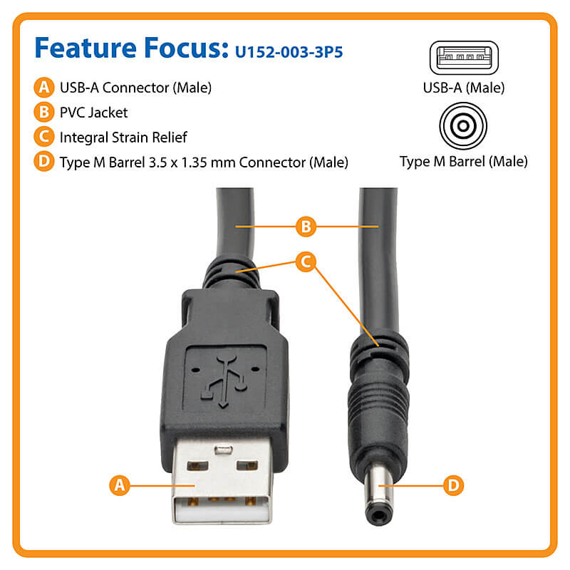 5mm DC Power Plug Barrel Connector 5V Cable Lysee Data Cables Zihan 100cm USB 2.0 A Type Male to 5