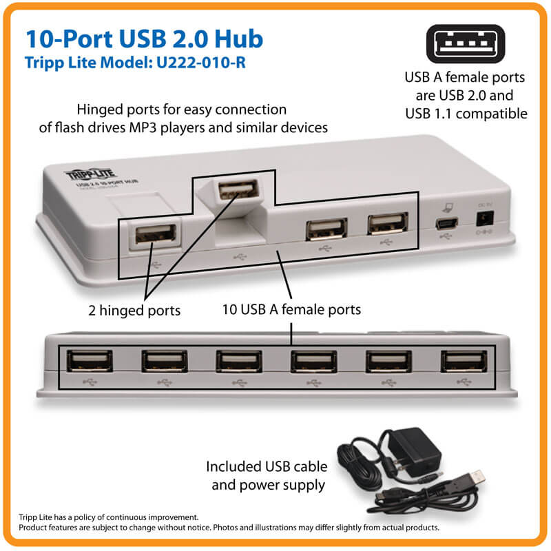 YLHXYPP USB HUB 10 Port ABS USB2.0 HUB with 12V Power Adapter High Speed USB Splitter for PC Computer Accessories 1M Data Cable 
