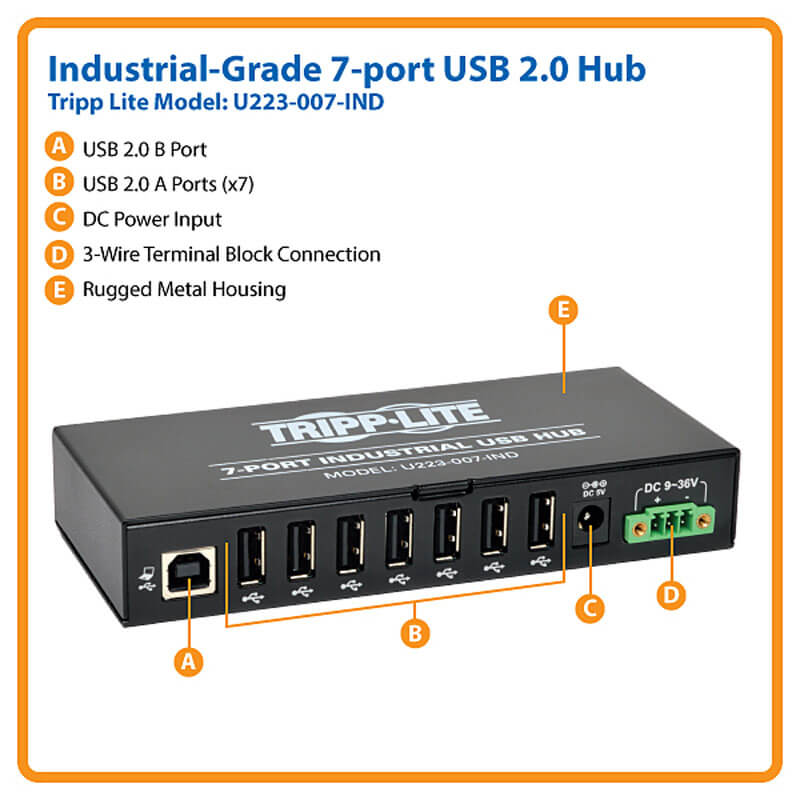 7-Port Industrial-Grade USB 2.0 Hub, ESD Immunity, DIN Mount 