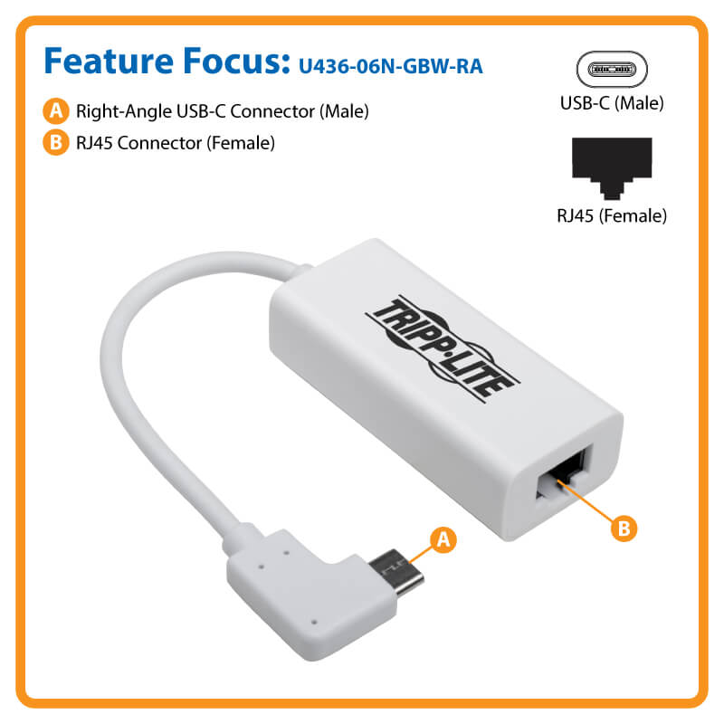 USB-C to Gigabit Ethernet Adapter, Rt. Angle, Thunderbolt 3 