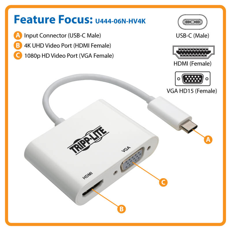 USB-C Multiport Adapter, 4K HDMI, VGA, White | Tripp Lite