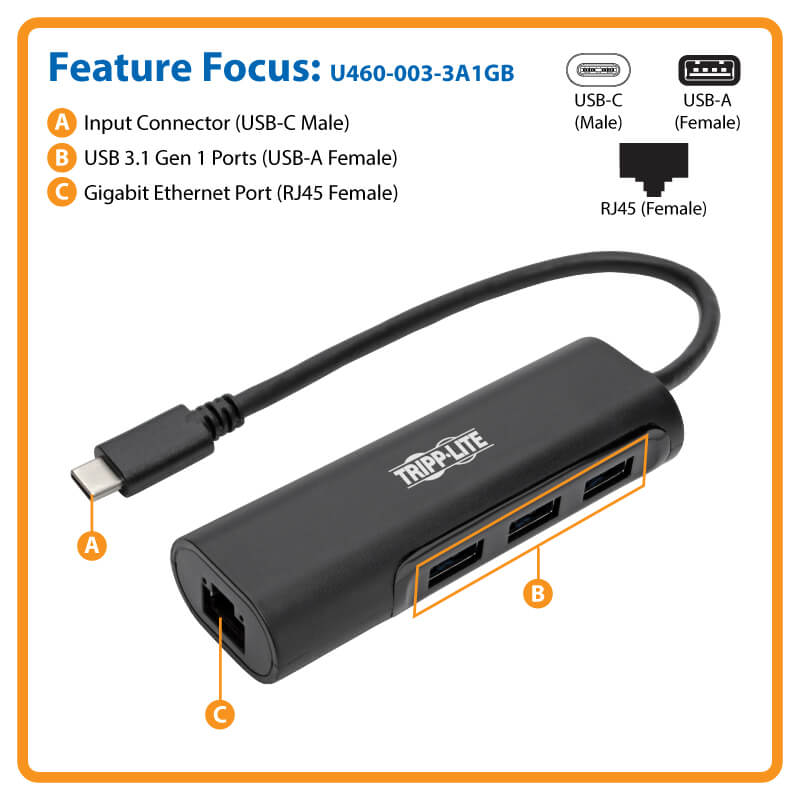 3-Port USB-C Hub, Gigabit Ethernet, USB-A Ports, USB 3.0 | Tripp Lite