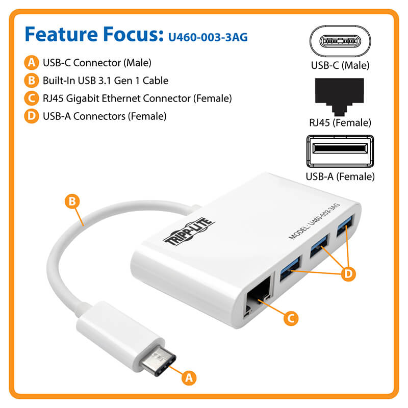 3-Port USB-C Hub, Ethernet, USB-A, USB 3.0, UASP | Tripp Lite