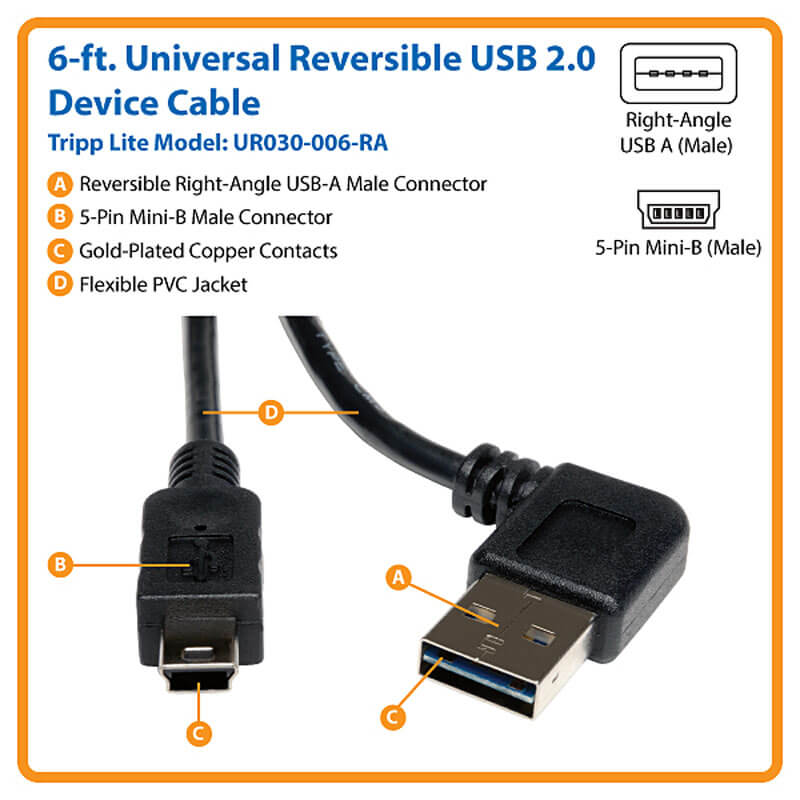 Tripp Lite Universal Reversible USB 2.0 Hi-Speed Cable Reversible A to 5Pin Mini B M/M UR030-06N 6-in. 