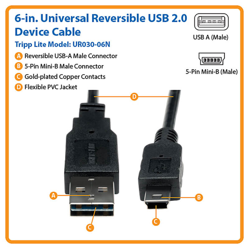 6ft TRPU030006 TRIPP LITE U030-006 A-Male to Mini B-Male USB 2.0 Cable 