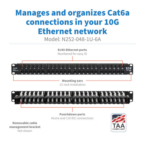 48-Port Cat6a Patch Panel, UTP, 110 Punch Down, RJ45, 1U | Eaton