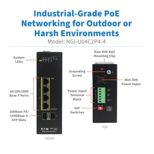 4-Port Industrial Network Switch, Gigabit, Unmanaged, PoE, 30W | Eaton