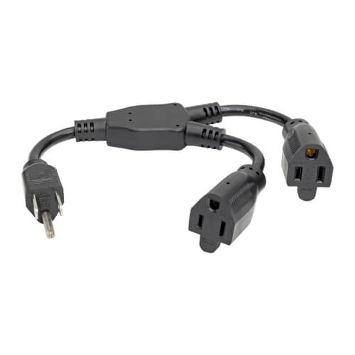 Extension Cord Splitter, 5 15P to 5 15R, 1 ft, Black