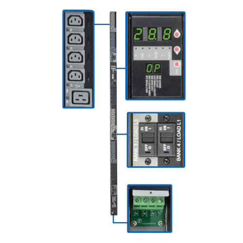 28 8kw 3 Phase Switched Pdu 240 230 2v Outlets 24 C13 6 C19 Hardwire 415 400 380v Input 0u Vertical Pdu3xvsrhwb Tripp Lite