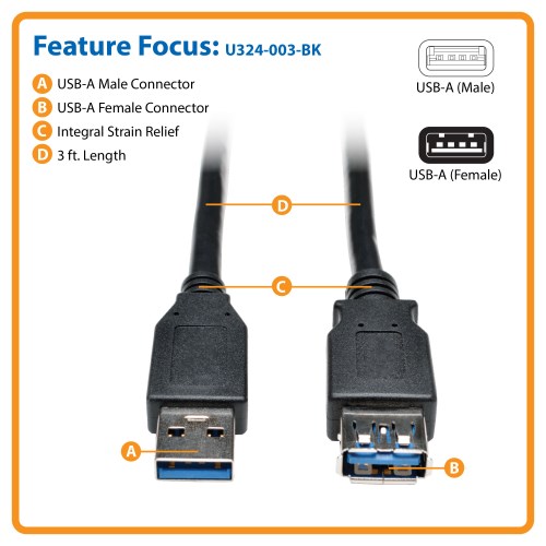 15cm Black USB 3.0 Extension Cable A - A - USB 3.0 Cables