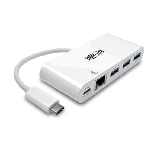 Windows and Mac OS X Compatible Select Series Monoprice USB-C 3 Port USB 3.0 Hub and Gigabit Ethernet Adapter White Portable 