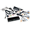 Package includes unit, USB KVM cable kits, surround sound cables, external power supply and owner's manual.