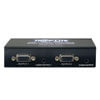 Box-style receiver uses solid wire Cat5e/6 cable to extend 1024 x 768 video + audio to two VGA monitors up to 300 ft. from the source.