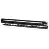 The 1U rackmount-ready Cat5e patch panel features 24 numbered ports for space-saving network connections in high-density installations.