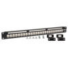 The 1U rackmount-ready Cat5/6 patch panel features 24 numbered ports for space-saving network connections in high-density installations.